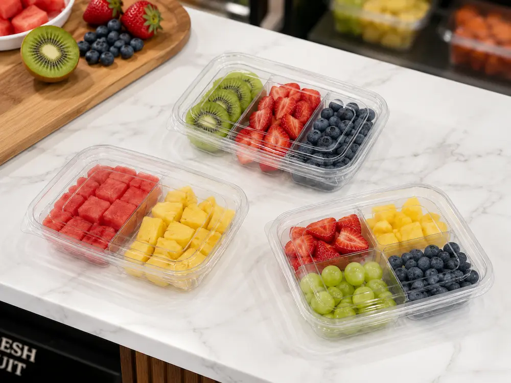 PET Fruit Container Design FAQ: Materials, Sizes, Uses, and Ordering Questions 3 Compartment PET fruit containers showing different portion layouts for fresh-cut fruit