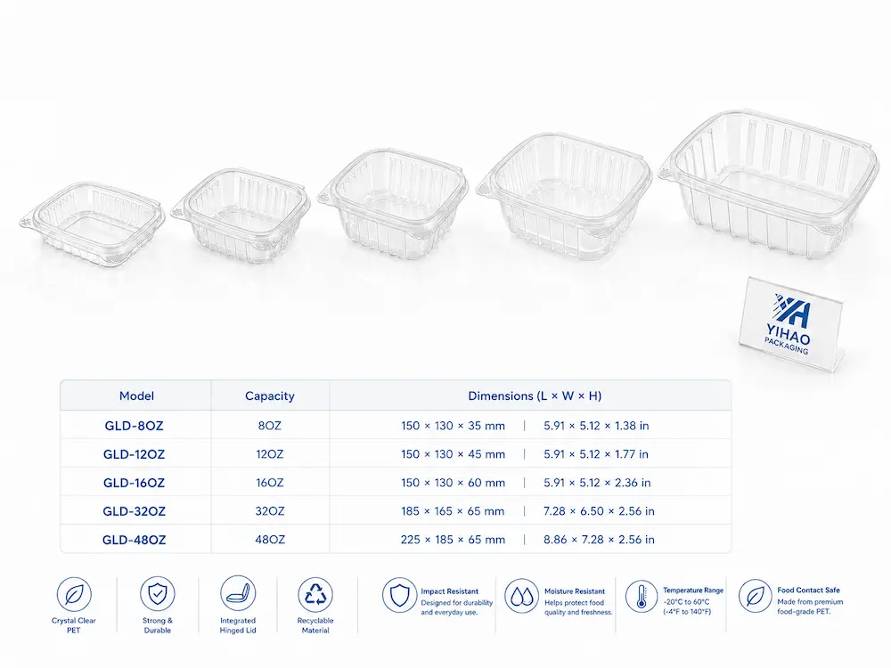 PET hinged deli and salad containers size lineup with clear packaging specifications