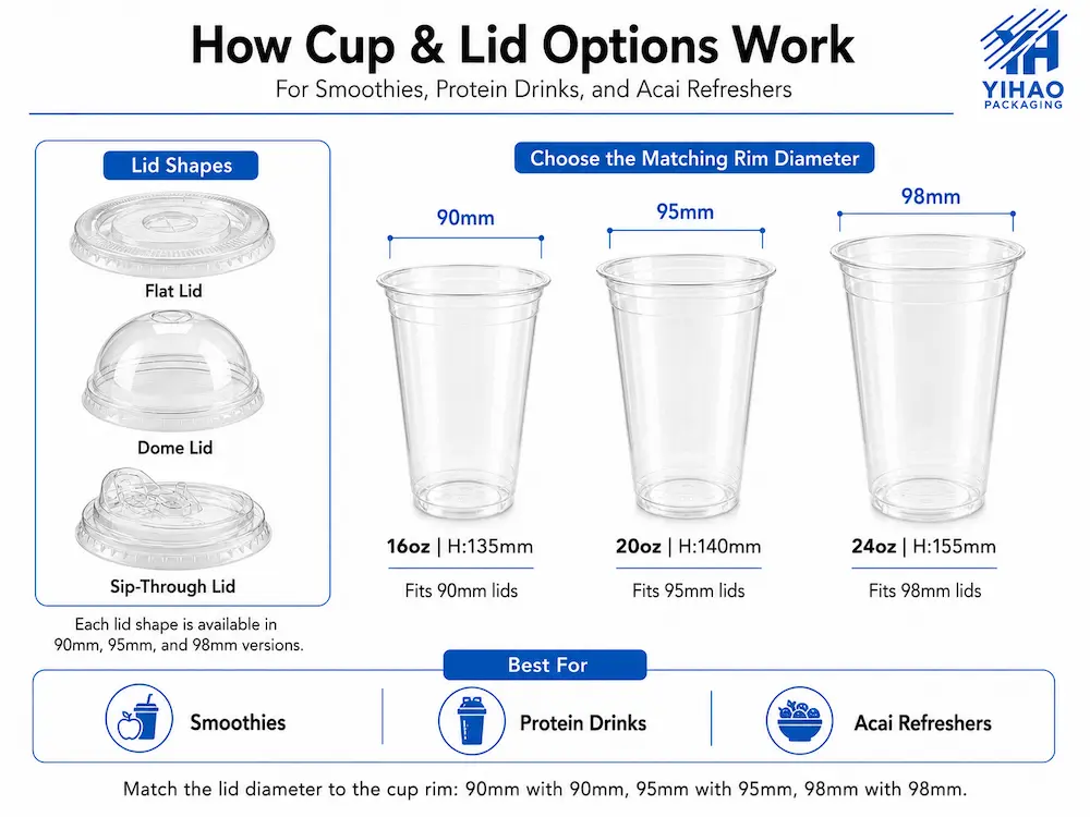 Smoothie, Protein Drink, and Acai Refresher Cups Complete Guide 2 Cup and lid options showing 90mm 95mm and 98mm rim diameter matching for smoothie cups