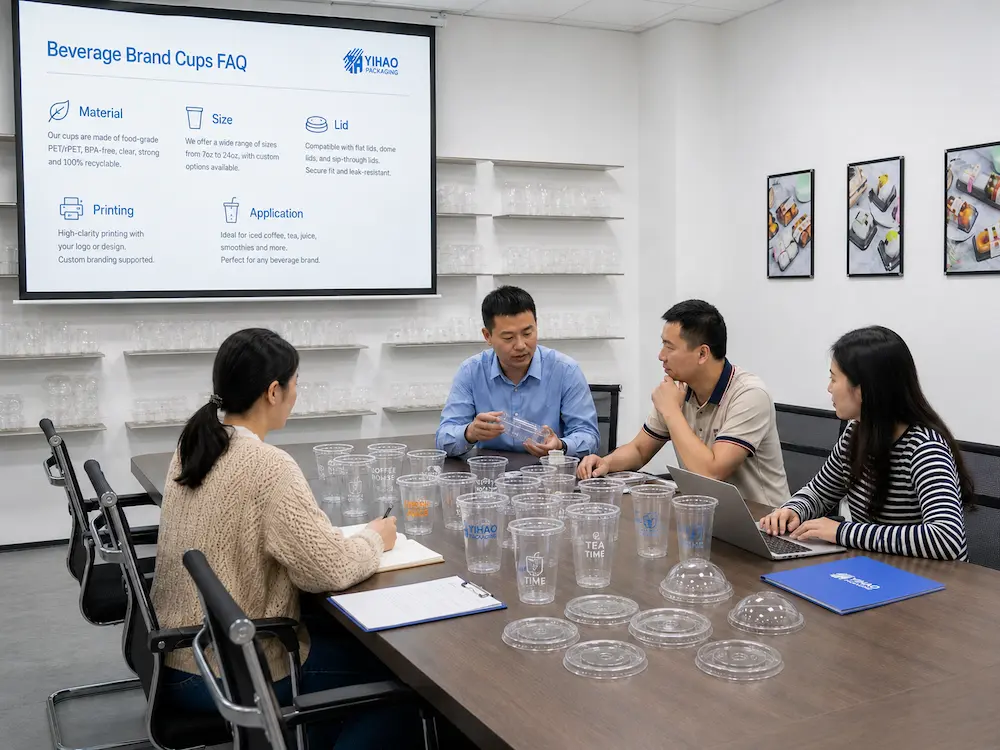 Beverage Brand Cups FAQ: Materials, Sizes, Uses, and Ordering Questions 7 Beverage cup sample meeting for custom printing, lid matching, material review, and wholesale project support