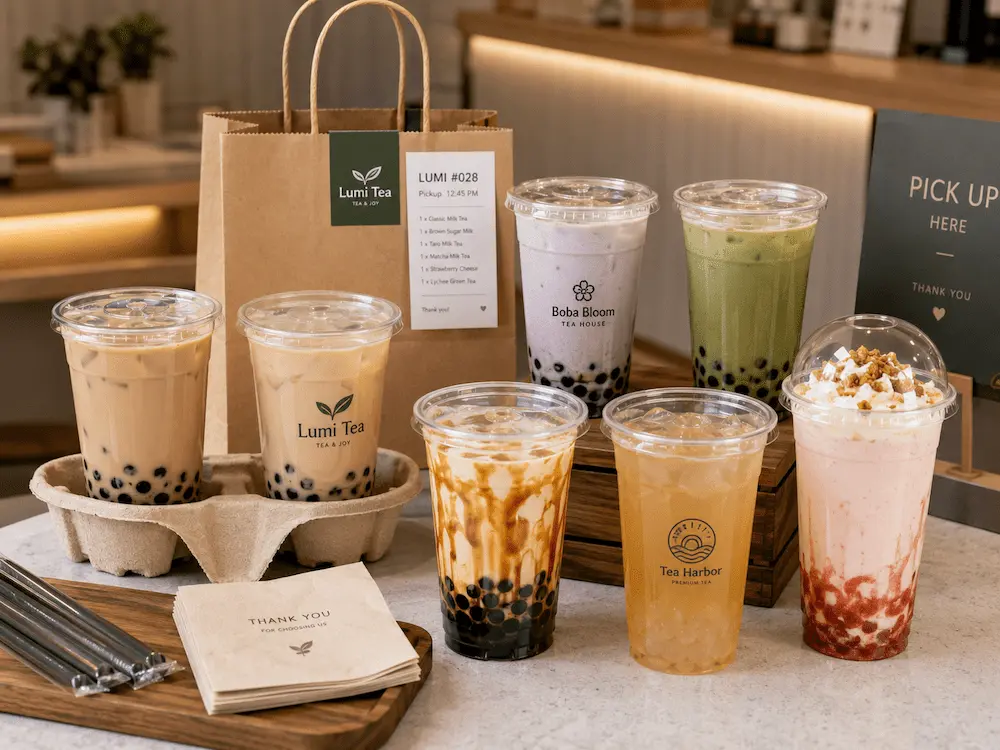Bubble Tea Cups and Milk Tea Cups Complete Guide 6 Custom boba cups with printed logos, takeaway bag, and cup carrier in a milk tea shop