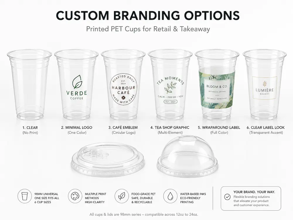 Custom PET Cups: Buyer Guide for Food Packaging Teams 4 Custom branding options for printed PET cups and takeaway beverage packaging