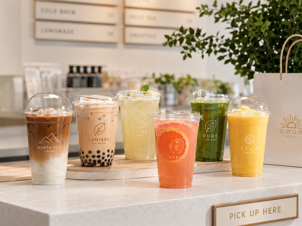 Custom Cup Manufacturer FAQ: Materials, Sizes, Uses, and Ordering Questions 5 Custom clear cold cups for iced coffee, milk tea, juice, matcha, lemonade, and smoothies on a cafe pickup counter