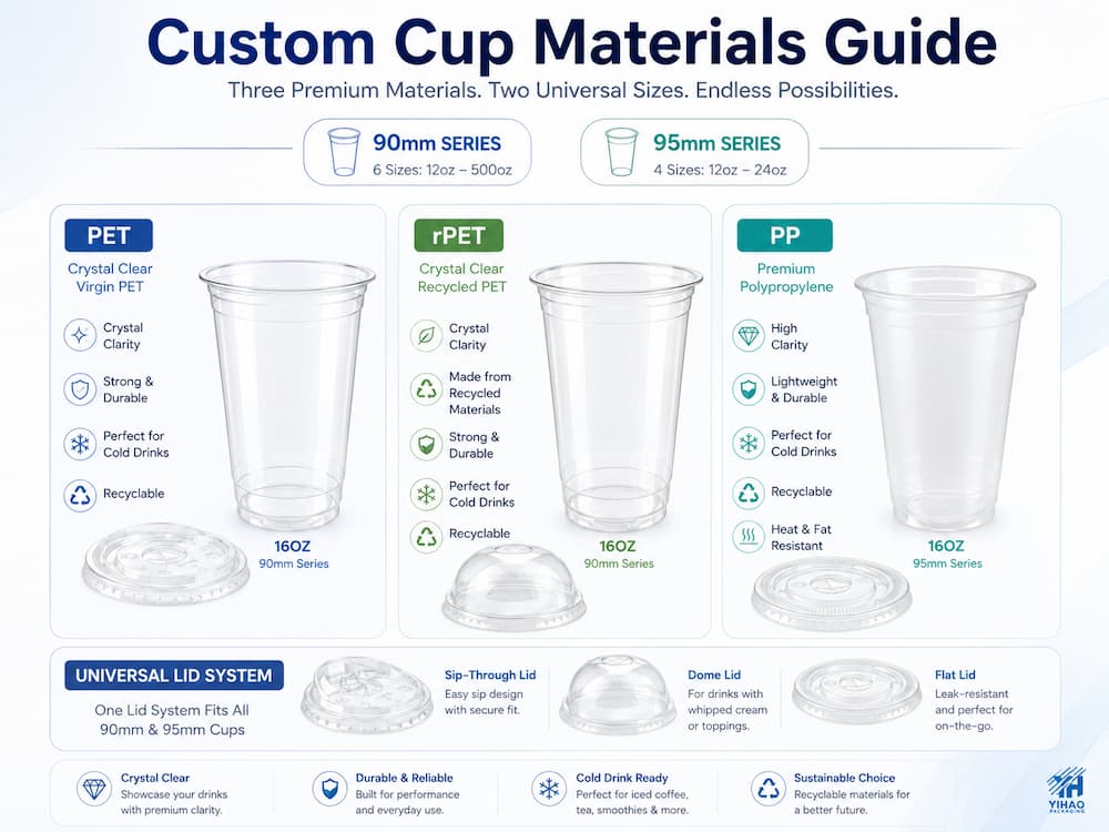 Custom Cup Manufacturer FAQ: Materials, Sizes, Uses, and Ordering Questions 3 Custom cup materials guide comparing PET, rPET, and PP cold cups with lid options and universal size systems