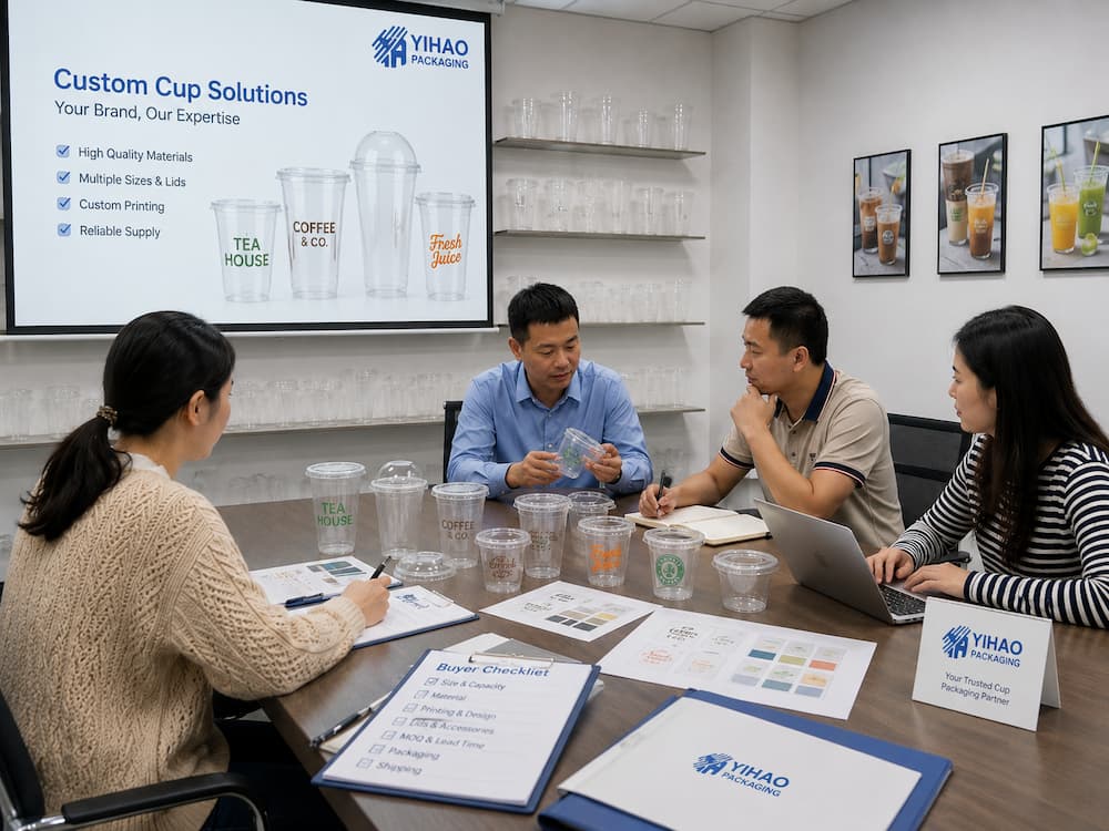 Custom Cup Manufacturer FAQ: Materials, Sizes, Uses, and Ordering Questions 6 YIHAO team discussing custom cup solutions with clear cup samples, artwork layouts, and buyer checklist in a meeting room