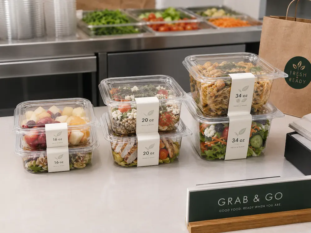 Custom labeled square deli containers with paper sleeves for grab-and-go food packaging