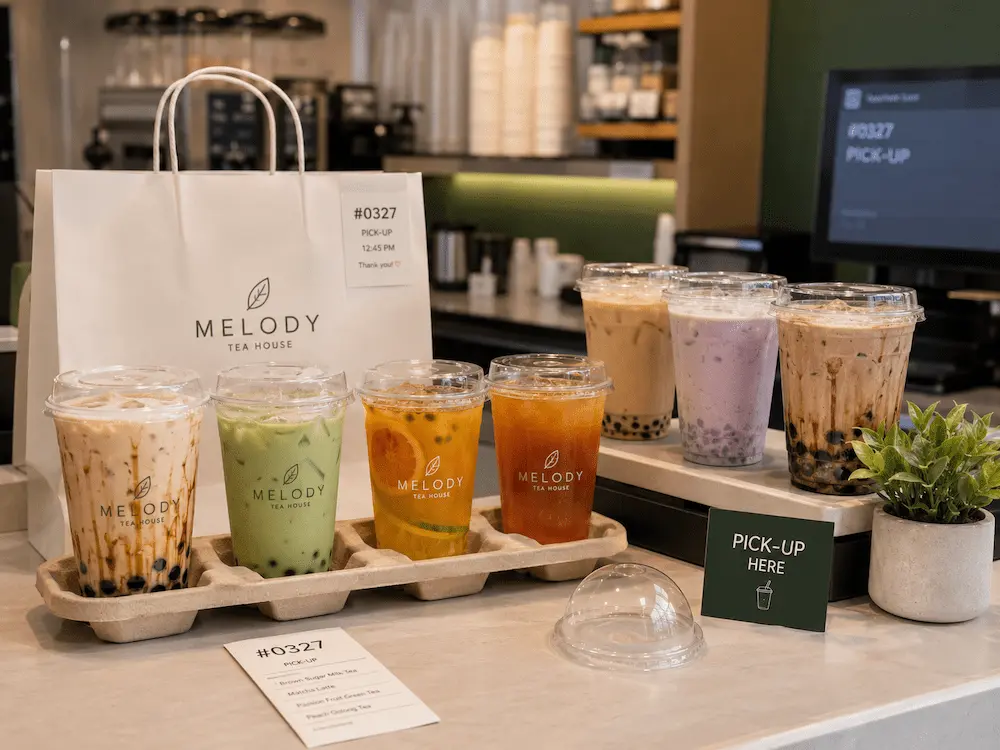 Milk Tea Cups: Buyer Guide for Food Packaging Teams 2 Custom milk tea cups with clear lids arranged on a takeaway tray at a tea shop pickup counter