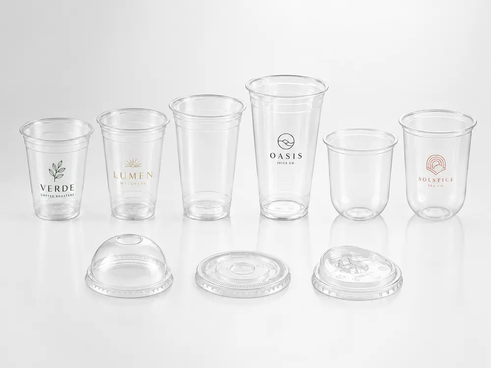 Clear PET cold cup size range with flat lid, dome lid, and sip-through lid options