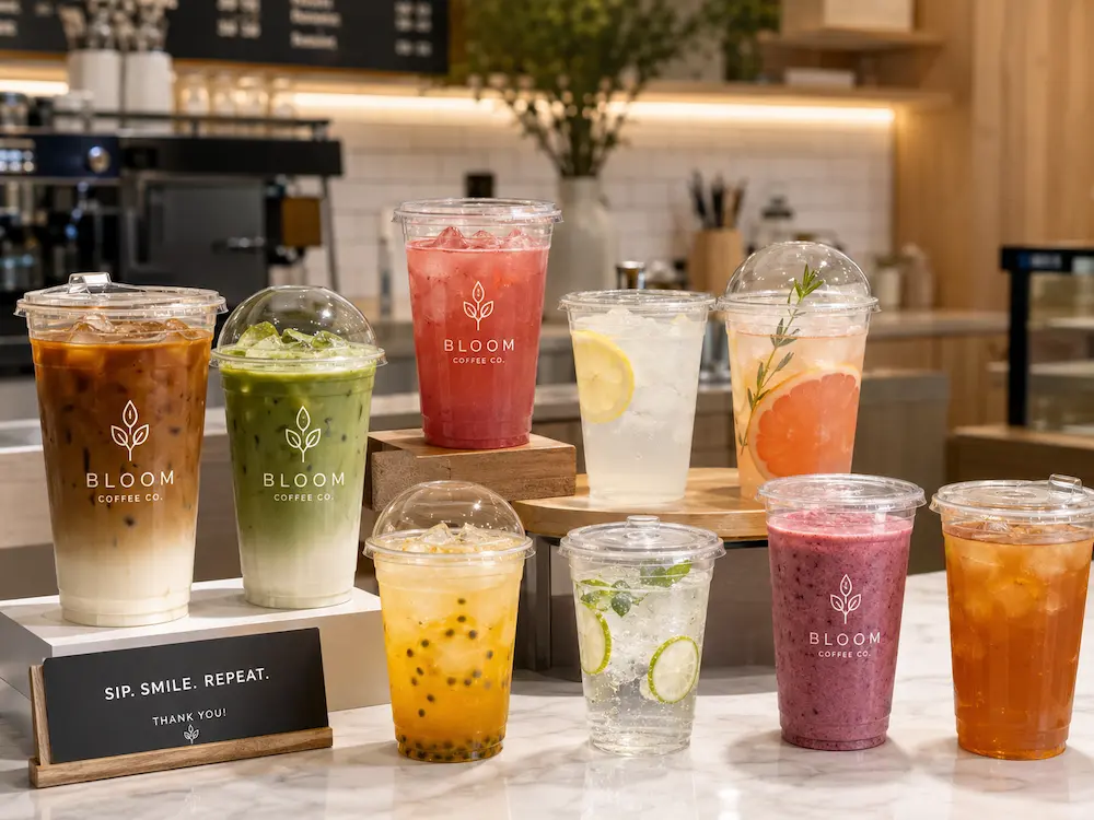 Custom PET cold cups with branded iced coffee, matcha, lemonade, smoothie, and fruit drinks on a cafe counter