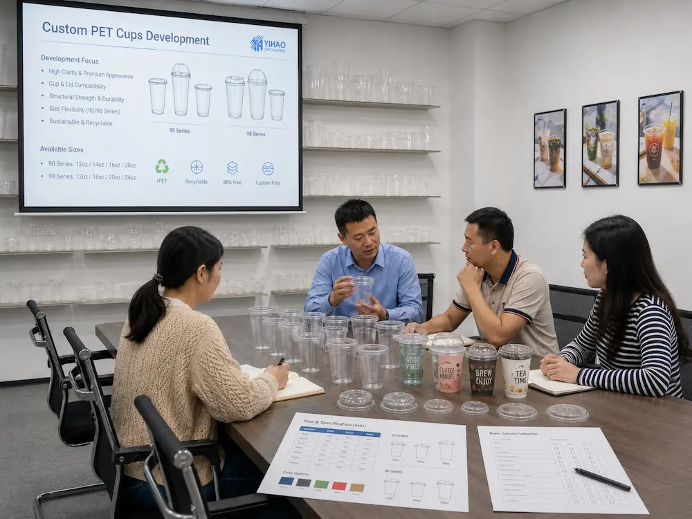 PET cup sample approval meeting with printed cup samples, lid options, and packaging development documents