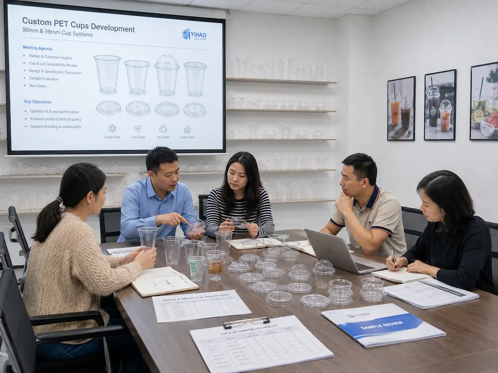 Custom PET Cups: Buyer Guide for Food Packaging Teams 5 Custom PET cup sample review meeting for cup lid compatibility and print testing