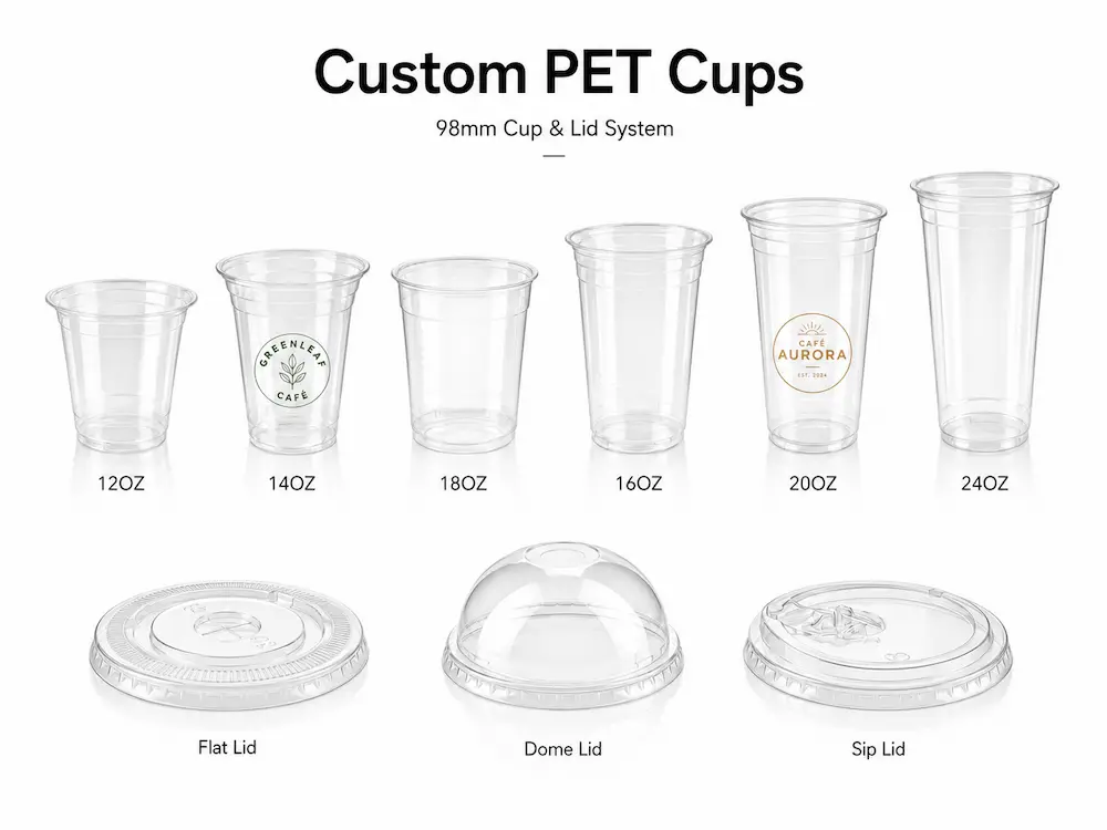 Custom PET Cups: Buyer Guide for Food Packaging Teams 1 Custom PET cups with 98mm cup and lid system for branded cold drink packaging