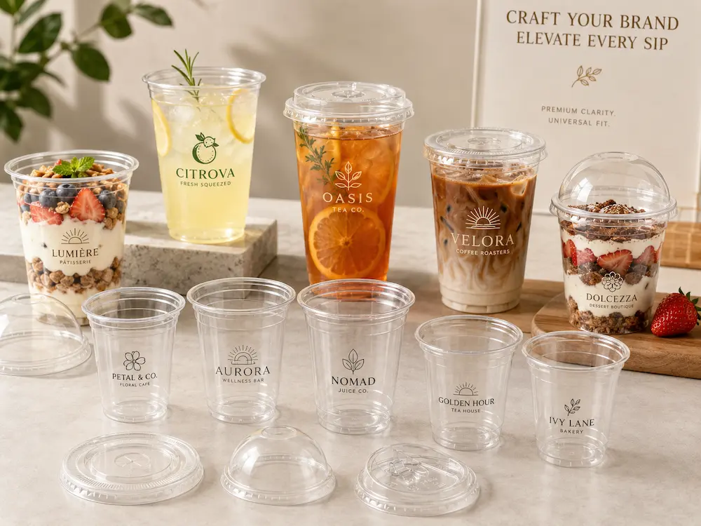Custom PET cups with branded logos for cafes, juice bars, tea shops, and dessert brands