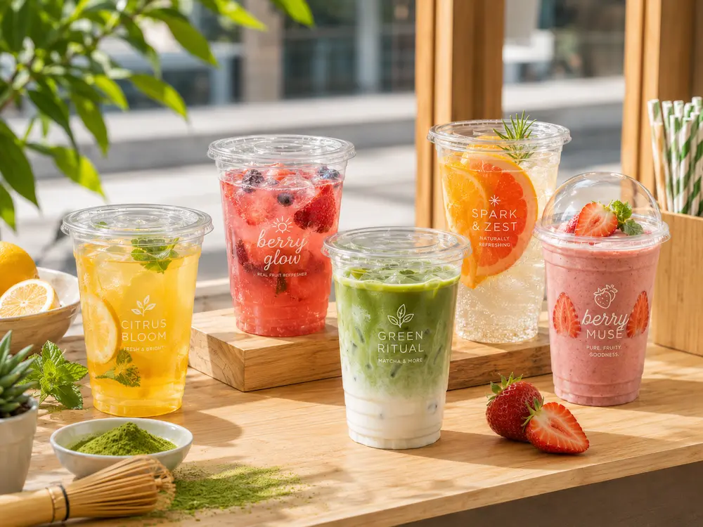 Custom PET cups for iced coffee, fruit tea, matcha, refreshers, lemonade, and smoothies