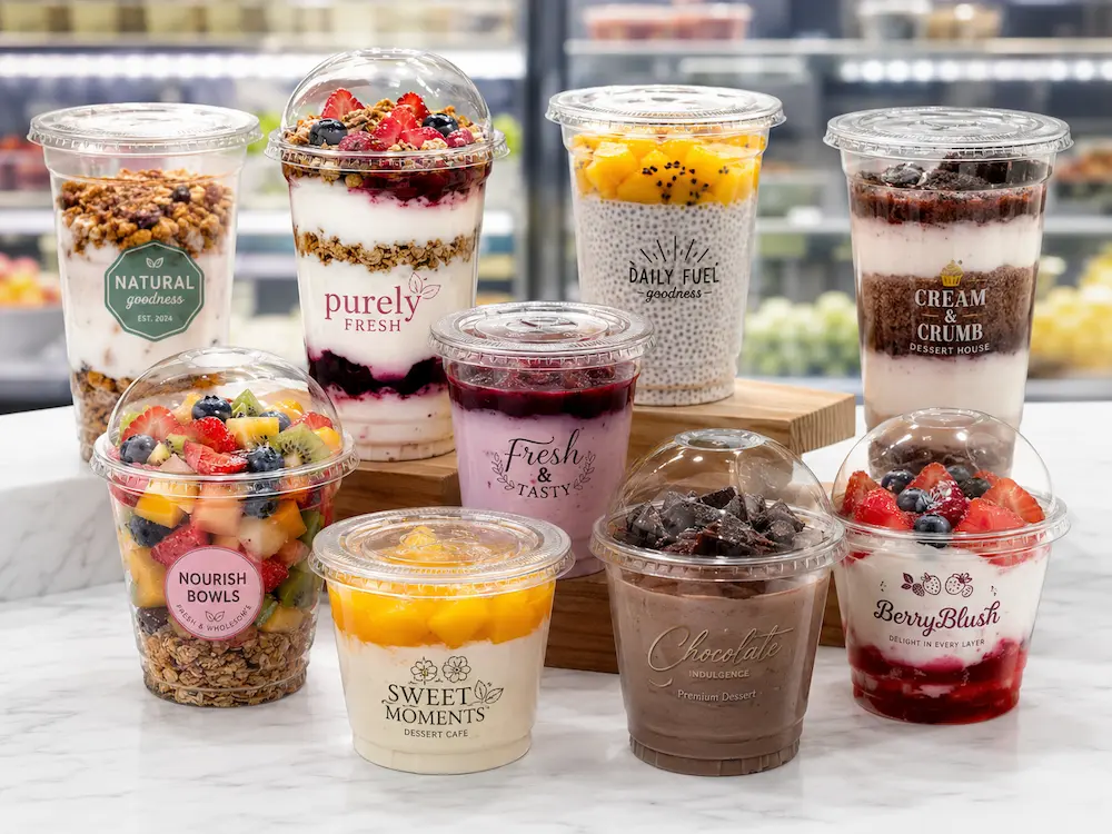 Custom PET cups for yogurt parfaits, layered desserts, fruit cups, mousse, and chilled takeaway food