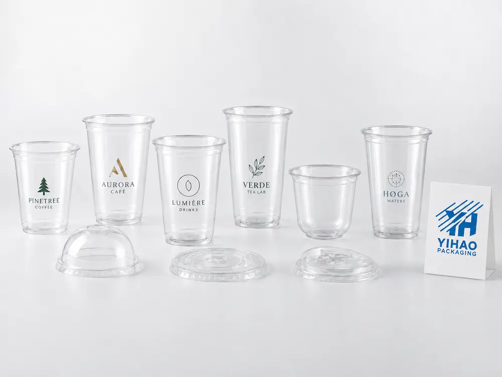 Custom PET cups with clear lids and logo printing for cold beverage packaging