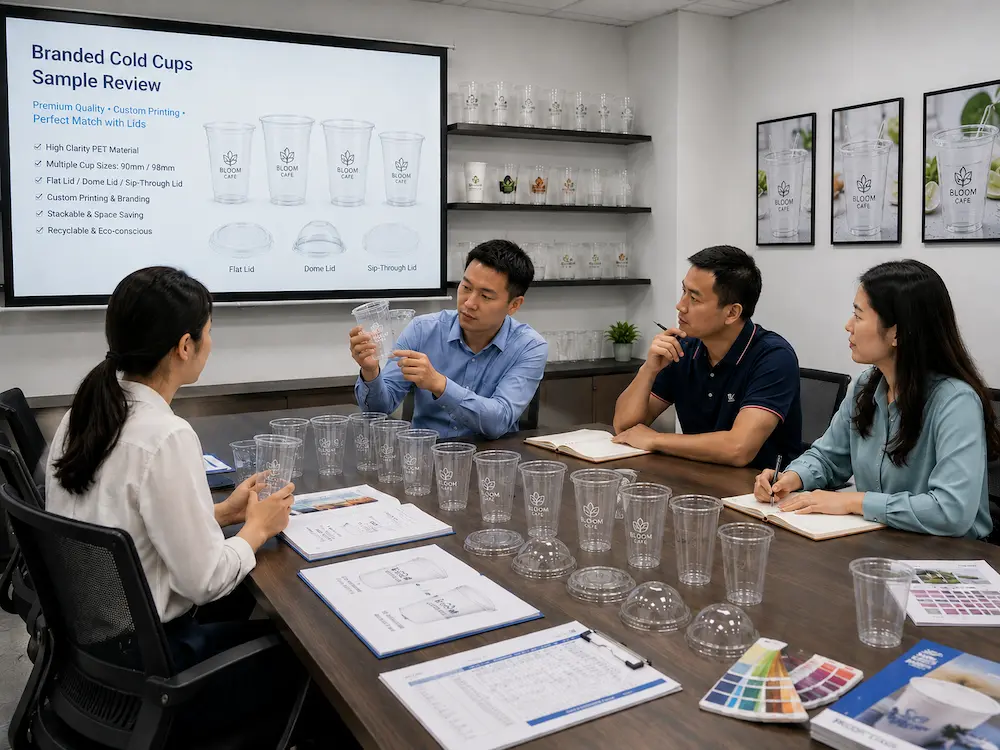 Packaging team reviewing custom printed PET cold cup samples, lid options, and artwork colors