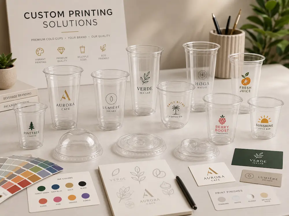 Wholesale Cold Cup Manufacturer Guide for Beverage Chains 7 Custom printed PET cold cup samples with logo proofing, color references, and print finish options