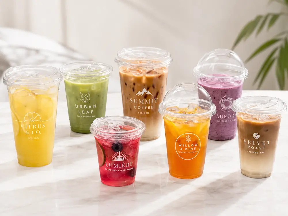 Custom printed cold cups with clear PET lids for cafes, juice bars, coffee shops, and beverage brands