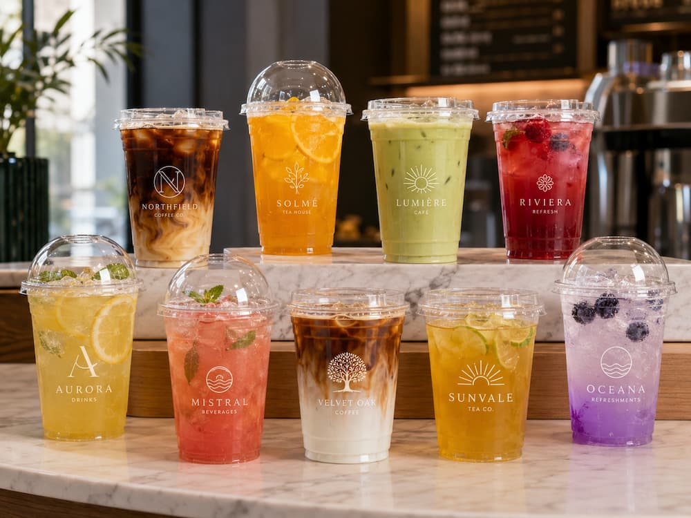 Custom Cup Manufacturer FAQ: Materials, Sizes, Uses, and Ordering Questions 1 Custom printed clear cold cups filled with iced coffee, tea, juice, lemonade, refreshers, and fruit drinks on a cafe counter