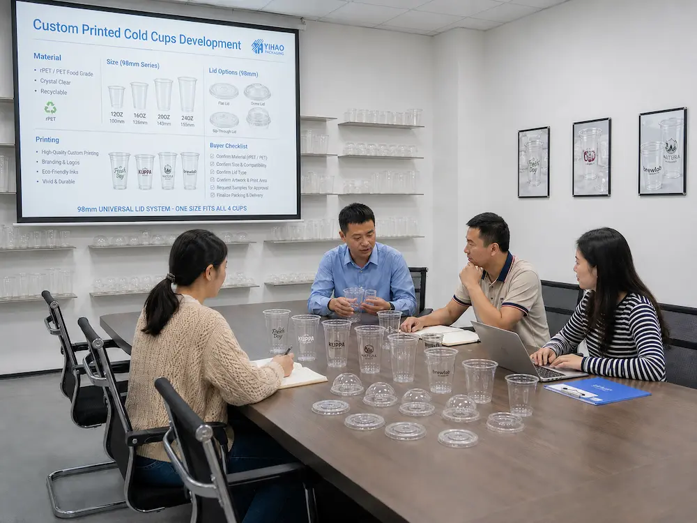 OEM development meeting for custom printed cold cups with PET cup samples and lid options