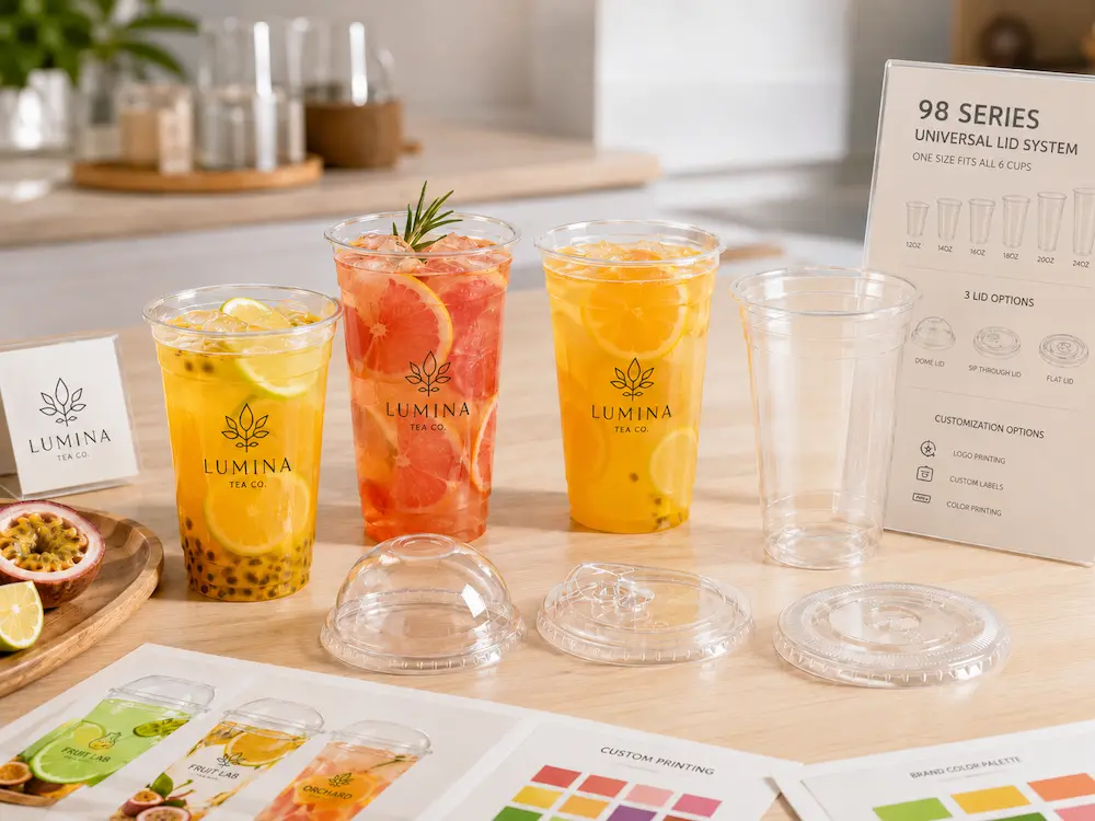 Wholesale Fruit Tea Cups: Manufacturer and Supplier Checklist 5 Custom printed fruit tea cups with clear PET cup and lid options for beverage brands