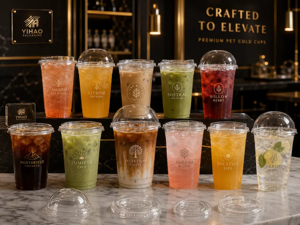 Custom printed PET cold cups with flat dome and sip-through lids for premium beverage branding