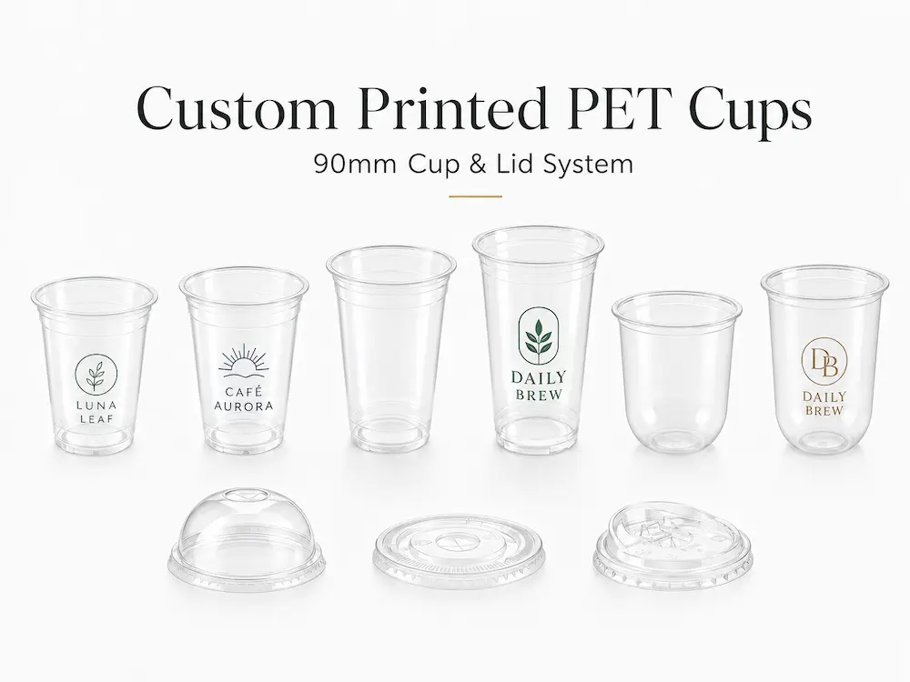 Custom printed PET cups with matching flat, dome, and sip-through lids for a 90mm cup and lid system