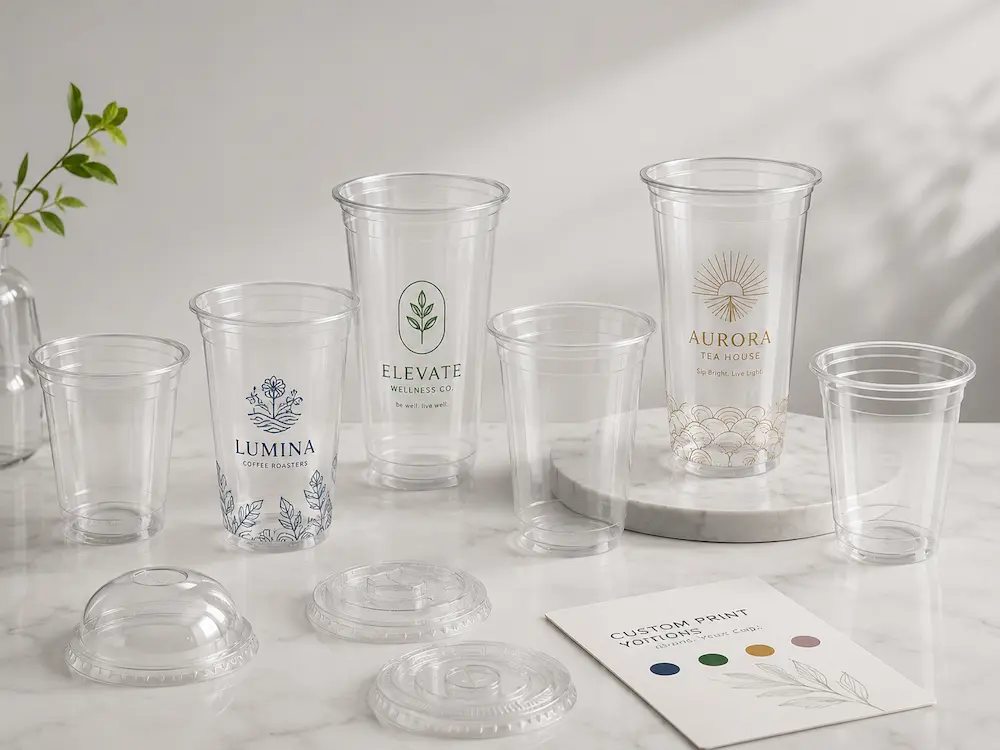 Custom printed PET cups with artwork samples, clear lids, and brand design options