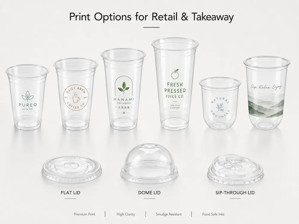 Best Printed Plastic Cups for Retail Display, Takeaway, and Chilled Food 7 Custom printed PET cups with flat lid, dome lid, and sip-through lid options for retail and takeaway packaging