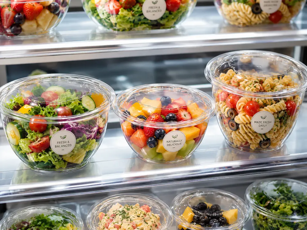 Deli Food Packaging FAQ: Materials, Sizes, Uses, and Ordering Questions 2 Clear round PET deli containers filled with salad, fruit and pasta in a refrigerated retail display