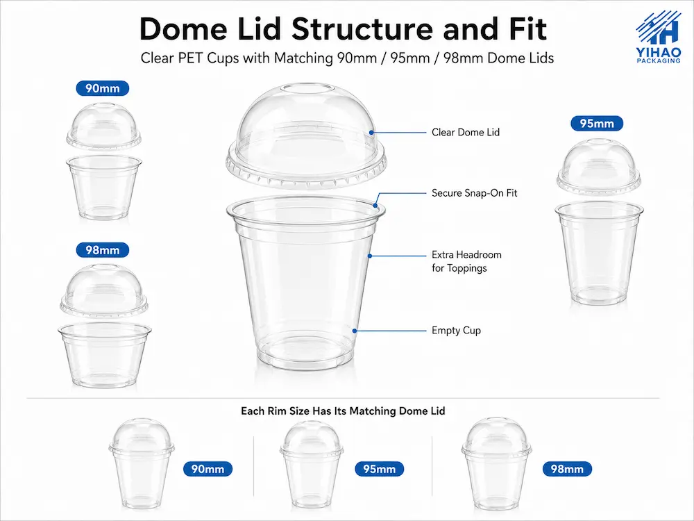 Dome Lid Cups for Supermarkets, Cafes, Bakeries, and Foodservice Brands 1 Dome lid cup structure with clear PET cup, snap-on rim fit, and matching 90mm, 95mm, and 98mm dome lids