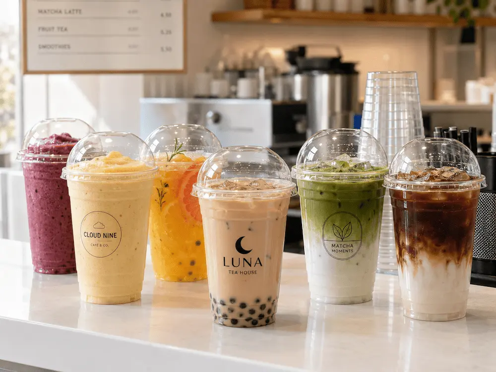 Dome Lid Cups FAQ: Materials, Sizes, Uses, and Ordering Questions 1 Dome lid cups for smoothies, iced coffee, matcha, fruit tea, and milk tea in a cafe