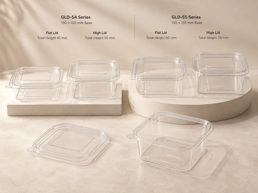 Square PET deli containers showing flat lid and high lid options for different chilled food packaging needs