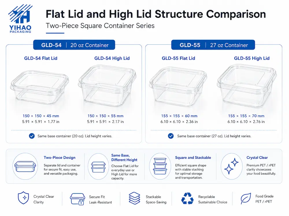 Flat lid and high lid structure comparison for square PET salad containers
