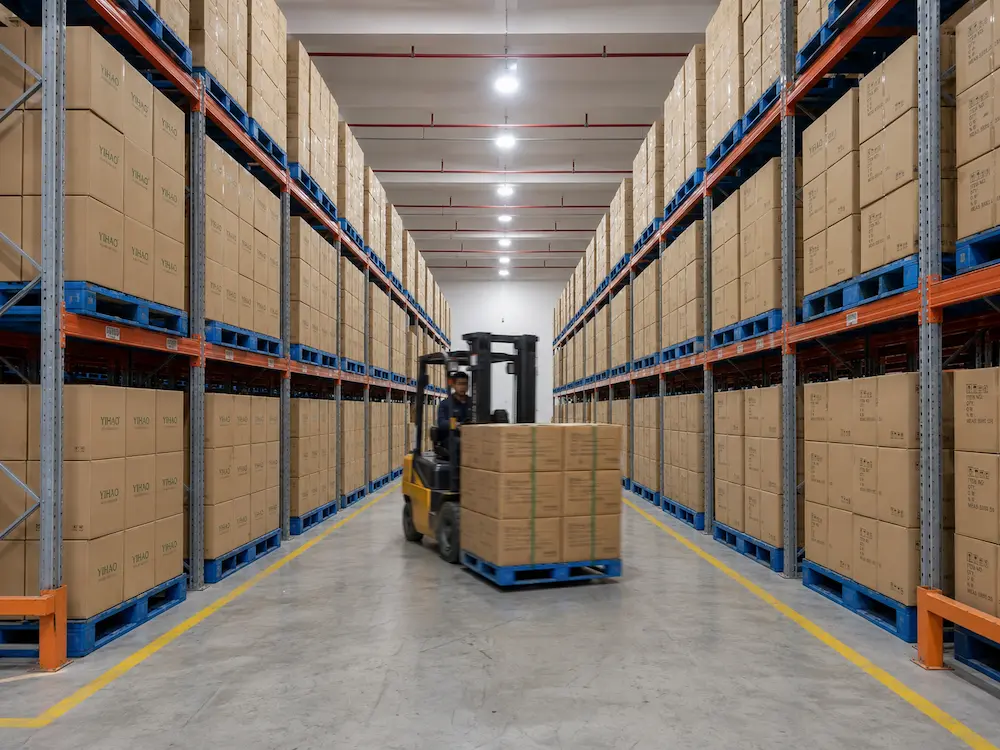 Warehouse storage of YIHAO food packaging cartons on pallets for wholesale distribution.