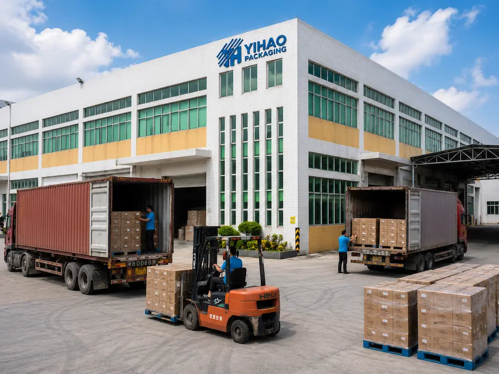 Food packaging factory loading cartons of round containers for wholesale export shipment