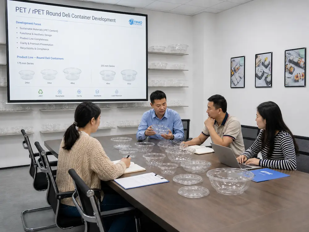 Food packaging team reviewing clear PET deli container samples and specifications