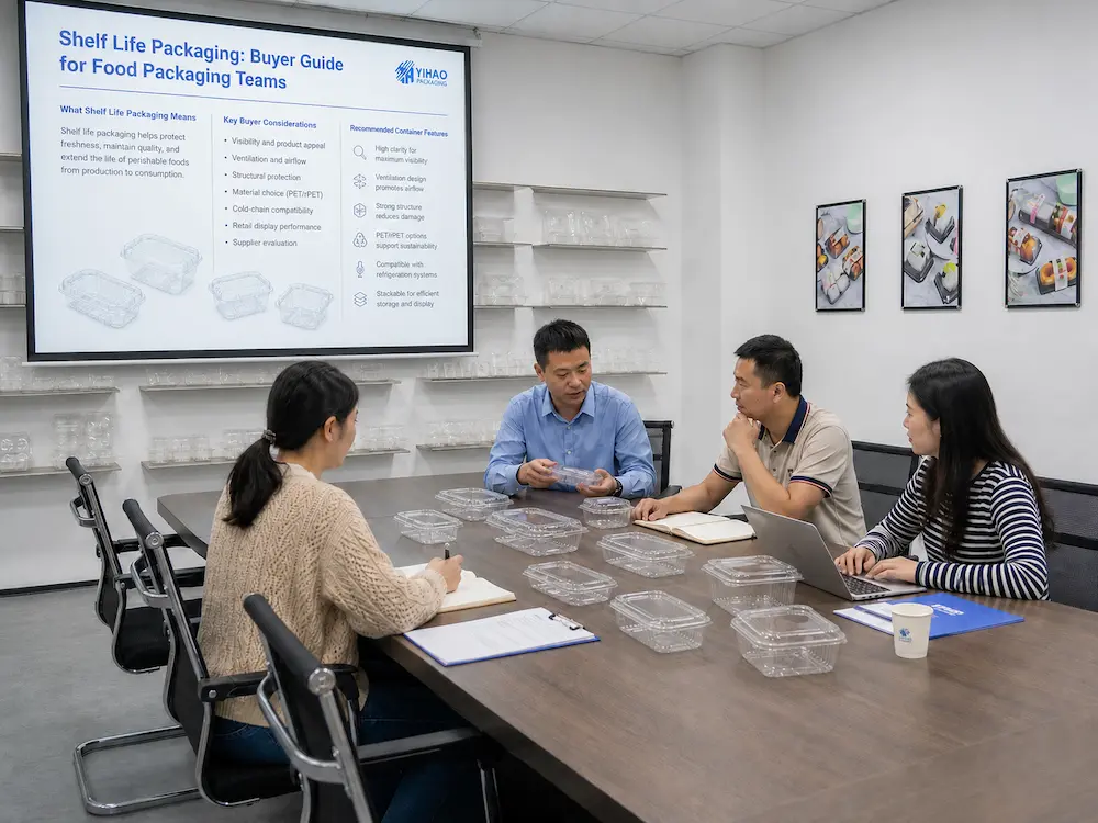 Shelf Life Packaging: Buyer Guide for Food Packaging Teams 1 Food packaging team reviewing shelf life packaging solutions in a YIHAO meeting room