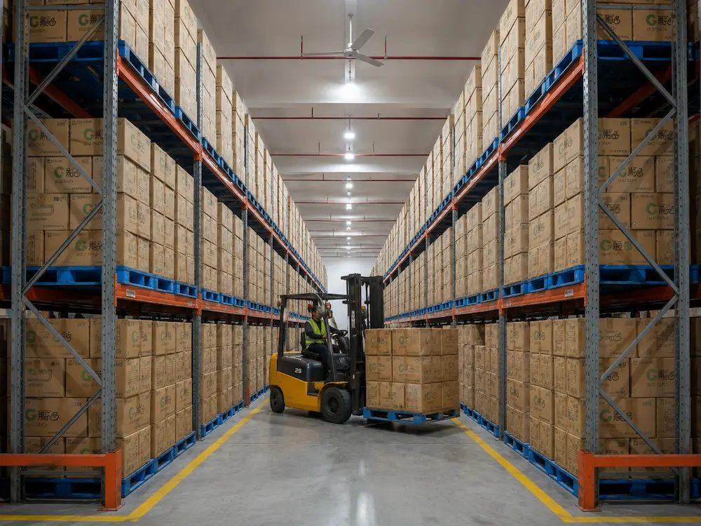 Grab-and-Go Square Packaging FAQ: Materials, Sizes, Uses, and Ordering Questions 8 Organized food packaging warehouse with stacked cartons, pallet racking, forklift, and ready-to-ship inventory