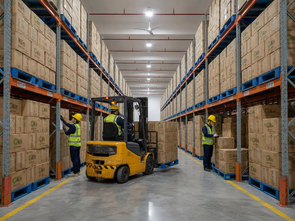 Food packaging warehouse inventory with cartons, pallets, and forklift for wholesale orders
