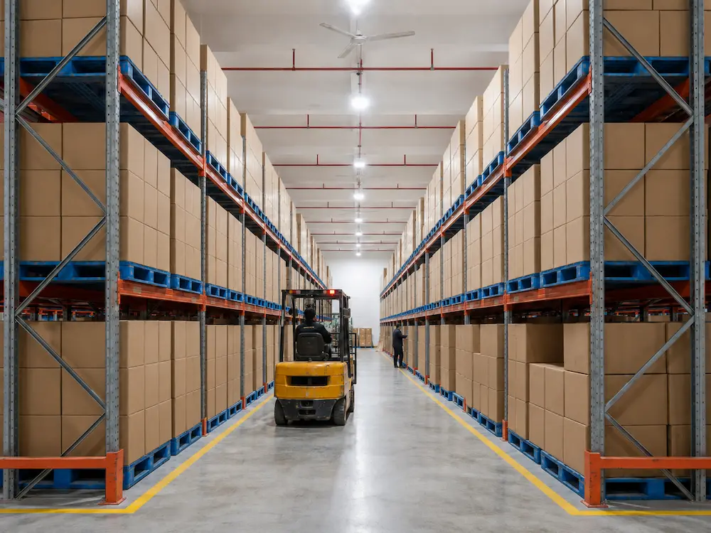 Food packaging warehouse with sealed cartons and palletized PET deli container inventory