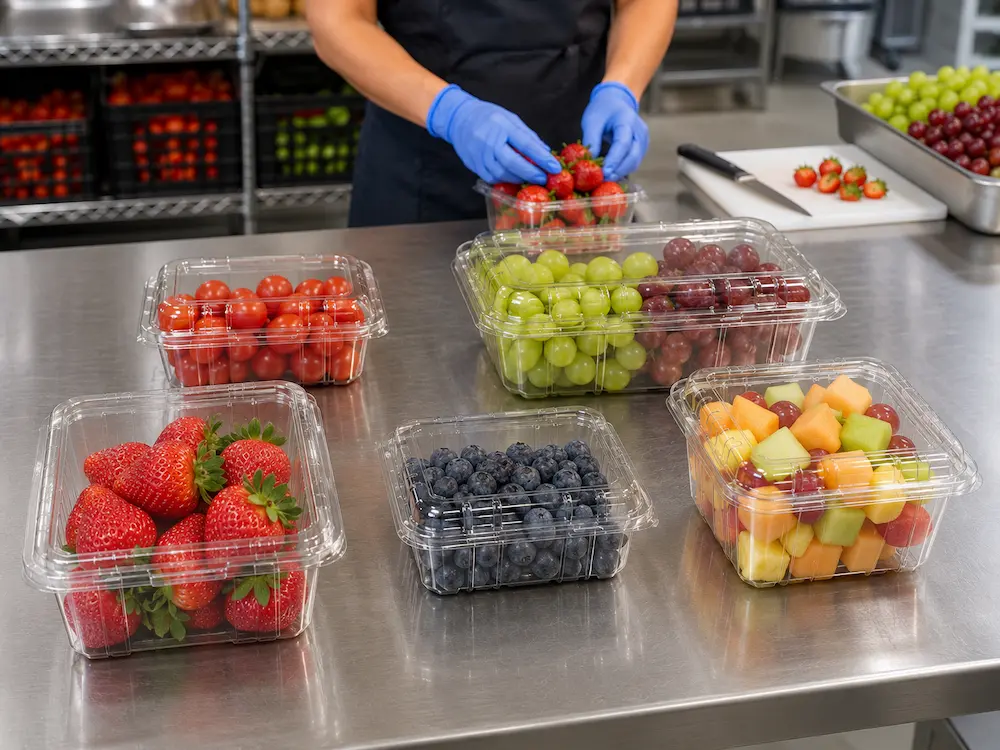 Foodservice staff packing fresh fruit into clear bulk produce containers in a prep kitchen