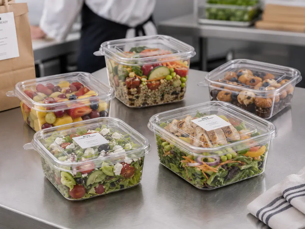 Clear square salad containers with labels for foodservice preparation and takeaway meals