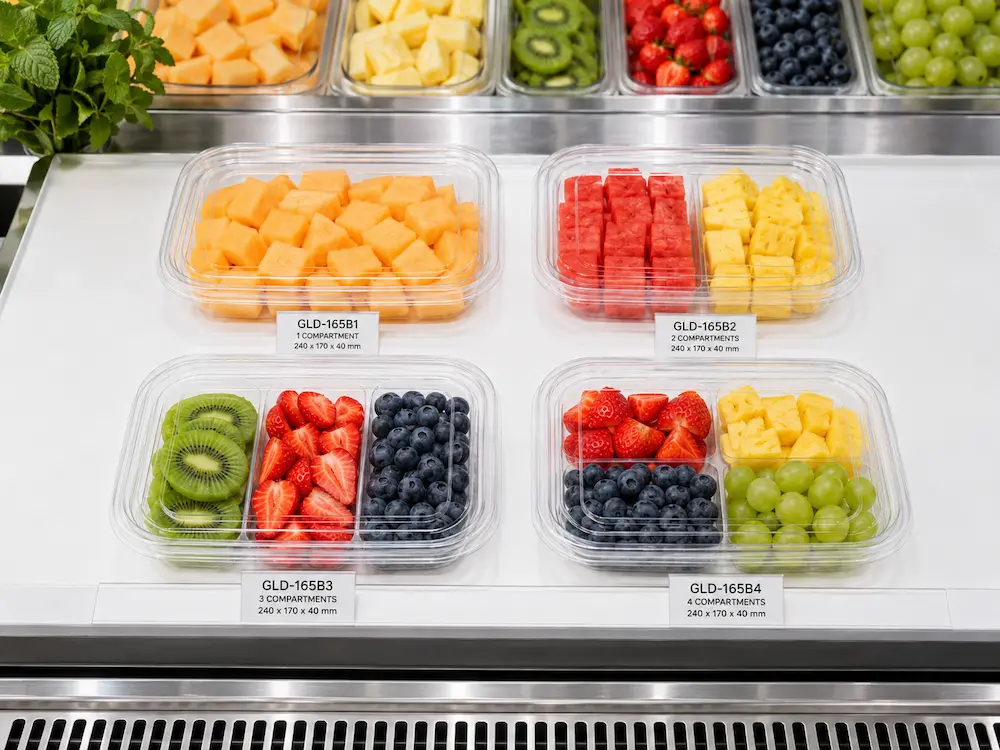 GLD-165B clear fresh-cut fruit containers arranged in a retail display