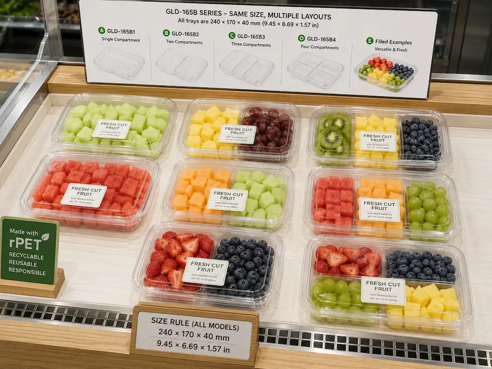 Clear PET fresh-cut fruit trays displayed on a retail counter with GLD-165B layout options and rPET signage