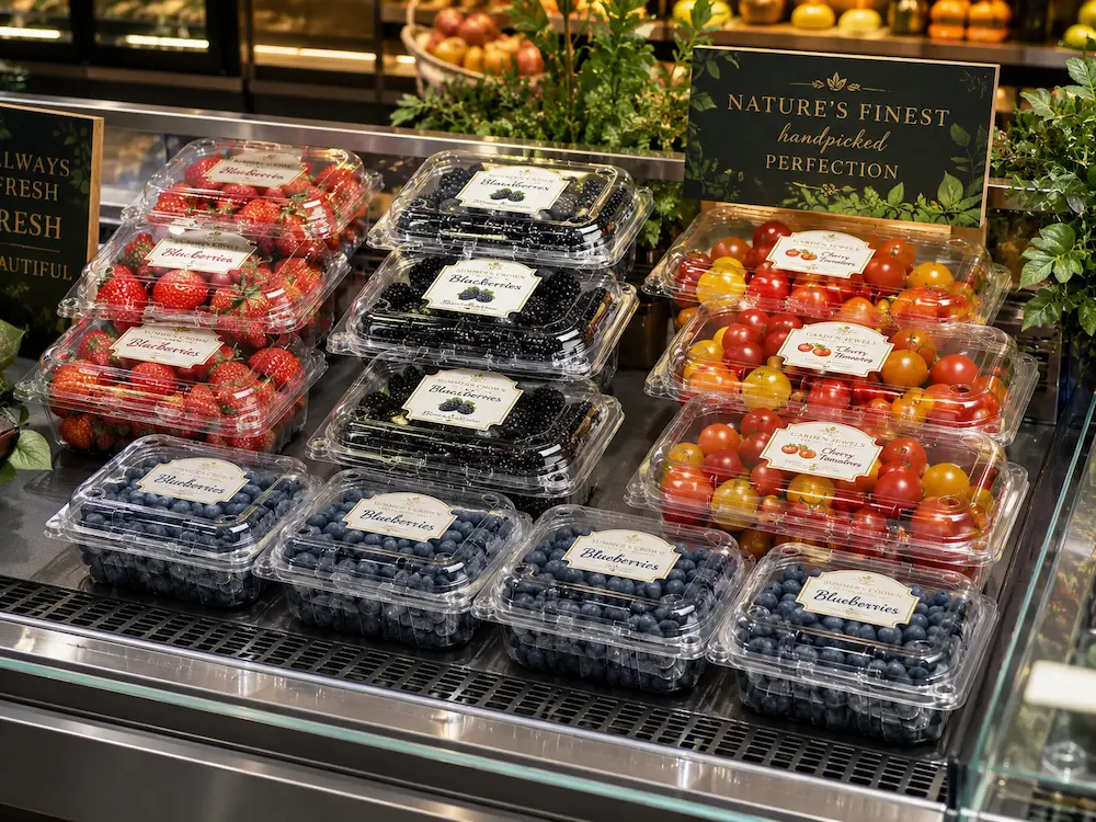 Fresh Produce Packaging Design and Shelf-Life Buyer Guid 1 Clear PET fruit clamshell containers for blueberries, blackberries, strawberries, and cherry tomatoes displayed in a premium fresh produce case