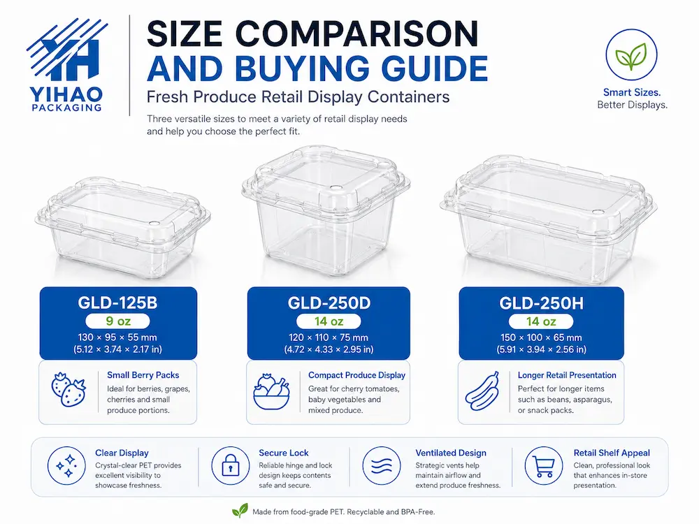 Fresh Produce Retail Display FAQ: Materials, Sizes, Uses, and Ordering Questions 4 Fresh produce container size comparison guide for 9 oz and 14 oz PET rPET clamshells