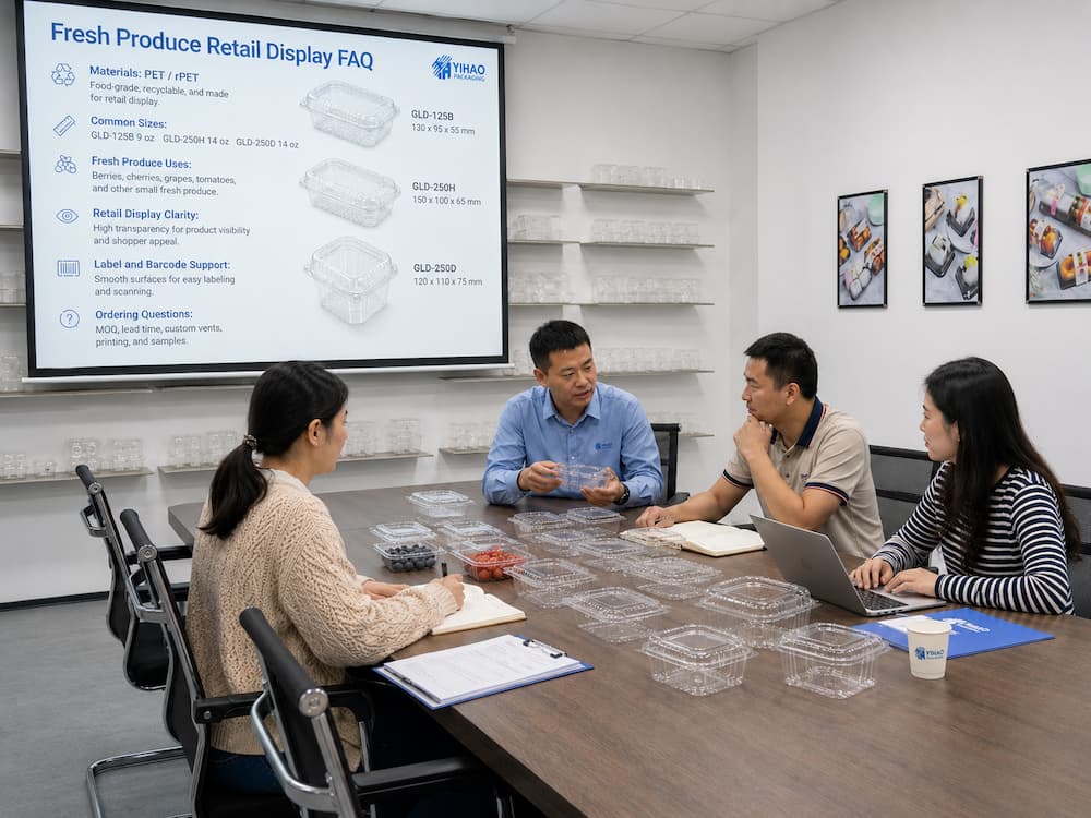 Fresh Produce Retail Display FAQ: Materials, Sizes, Uses, and Ordering Questions 6 Fresh produce packaging sample review meeting with clear PET rPET clamshell containers