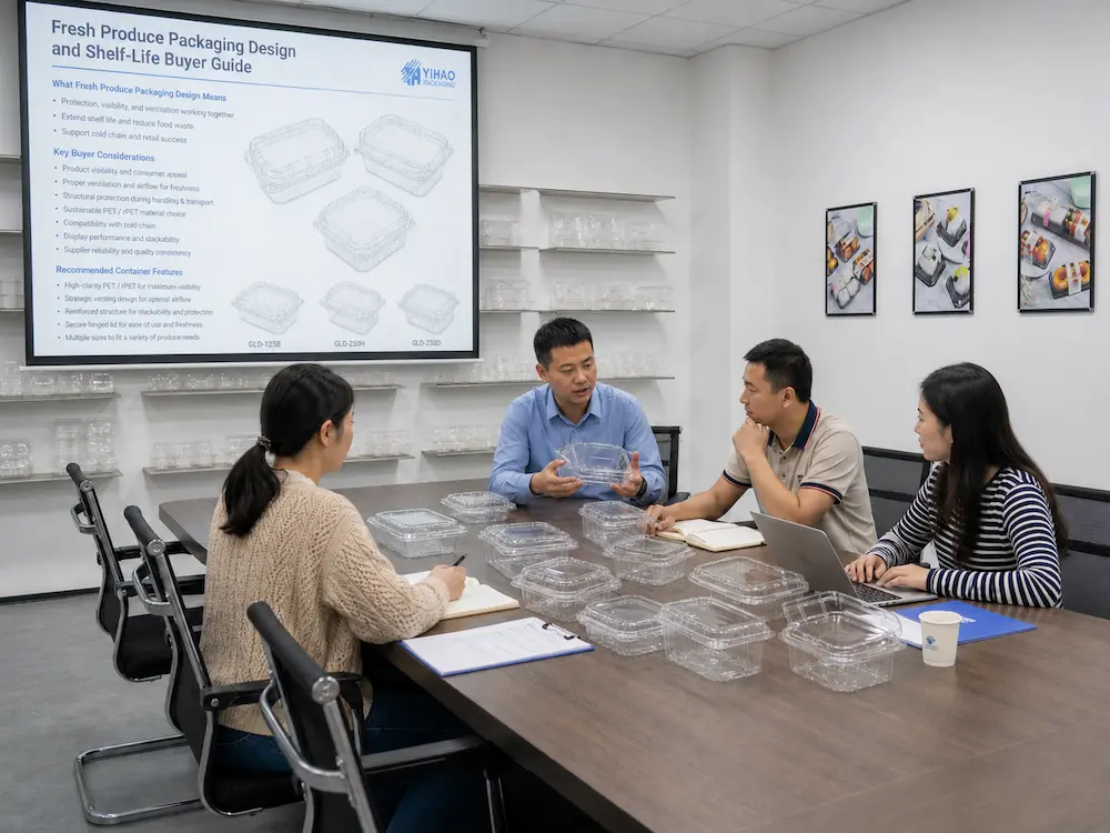 Packaging team reviewing clear PET fruit clamshell samples in a fresh produce packaging buyer meeting